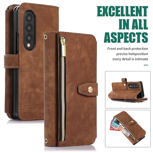 Handy Hülle Handyhüllen Für Z Fold 6 Z Fold 5 Z Fold 4 Z Fold 3 Rückseite Mit Ständer Reisverschluss mit Trageriemen Retro TPU PU-Leder Image