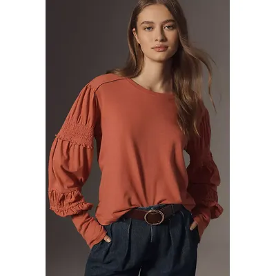 Pilcro Crew-Neck Ruched & Smocked-Sleeve Top