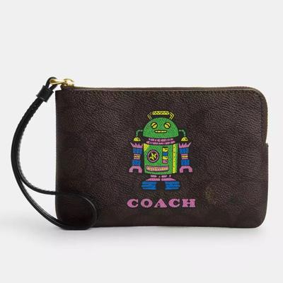 Coach Bags | Cosmic Coach Corner Zip Wristlet In Signature Canvas With Robot Gold/Walnut Nwt | Color: Brown/Gold | Size: Os