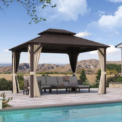 PURPLE LEAF Gazebo Outdoor Gazebo with Dual-Layer Galvanized Steel Double Roof Aluminum Gazebo with Netting and Curtains Bronze