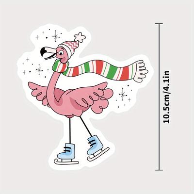 TEMU Festive Flamingo Ice Skating Sticker - 10.5cm X 4.1in - Car, Laptop, Motorcycle, Water Bottle, Notebook Decals