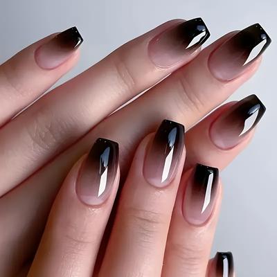 TEMU Style 24pcs Short Press-on Nail Square Nails Black Gradient Design Finger Nails With 1pc Of Jelly Glue And 1 Nail Scrubber