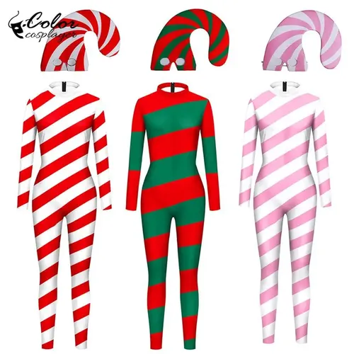 Body canne à sucre couleur Cosplayer, Costume de Cosplay à rayures rouges, tenue de noël, body de Festival, chapeau de fête de noël, Costume de Couple