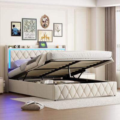 Doppelbett Polsterbett 160 x 200 cm – Samt, Diamant-Kopfteil mit LED-Beleuchtung, Doppelbett mit Image