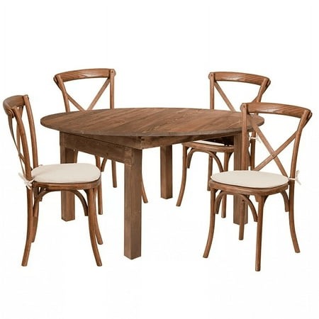 60 Round Antique Rustic Folding Farm Dining Table Set with 4 Cross Back Chairs