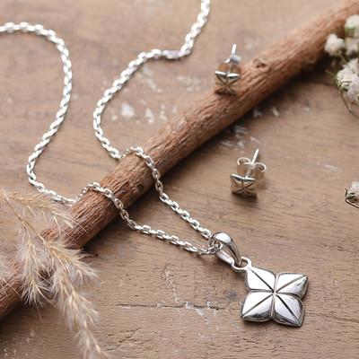 Gentle Bloom,'Silver Floral Pendant Necklace and Stud Earrings Jewelry Set'