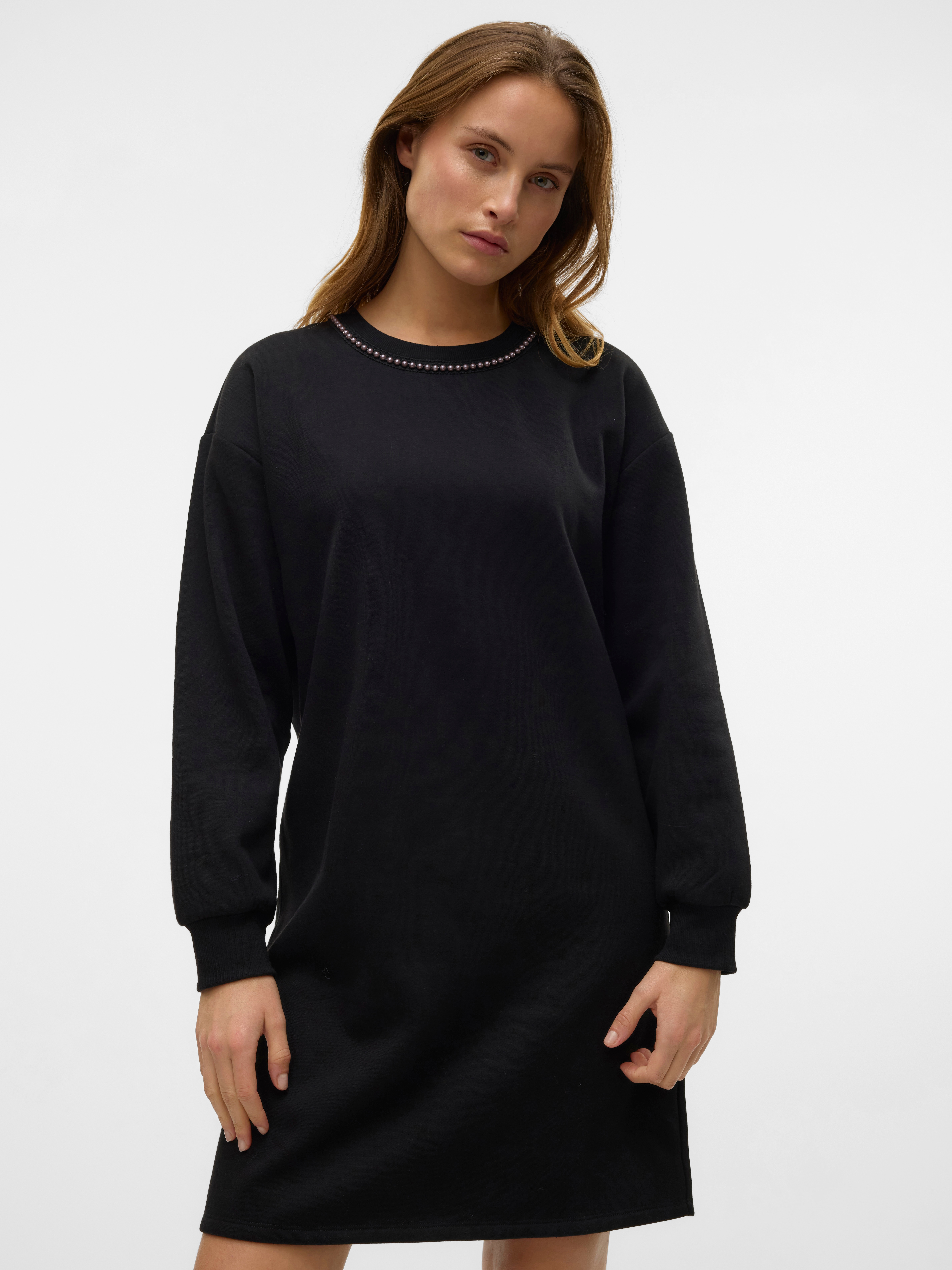 Sweatkleid VERO MODA "VMDAISY SHORT SWEAT DRESS JRS BOO GA", Damen, Gr. XS, N-Gr, schwarz, Sweatware, Obermaterial: 65% Polyester, 35% Baumwolle, unifarben, Rundhals, Kleider Image
