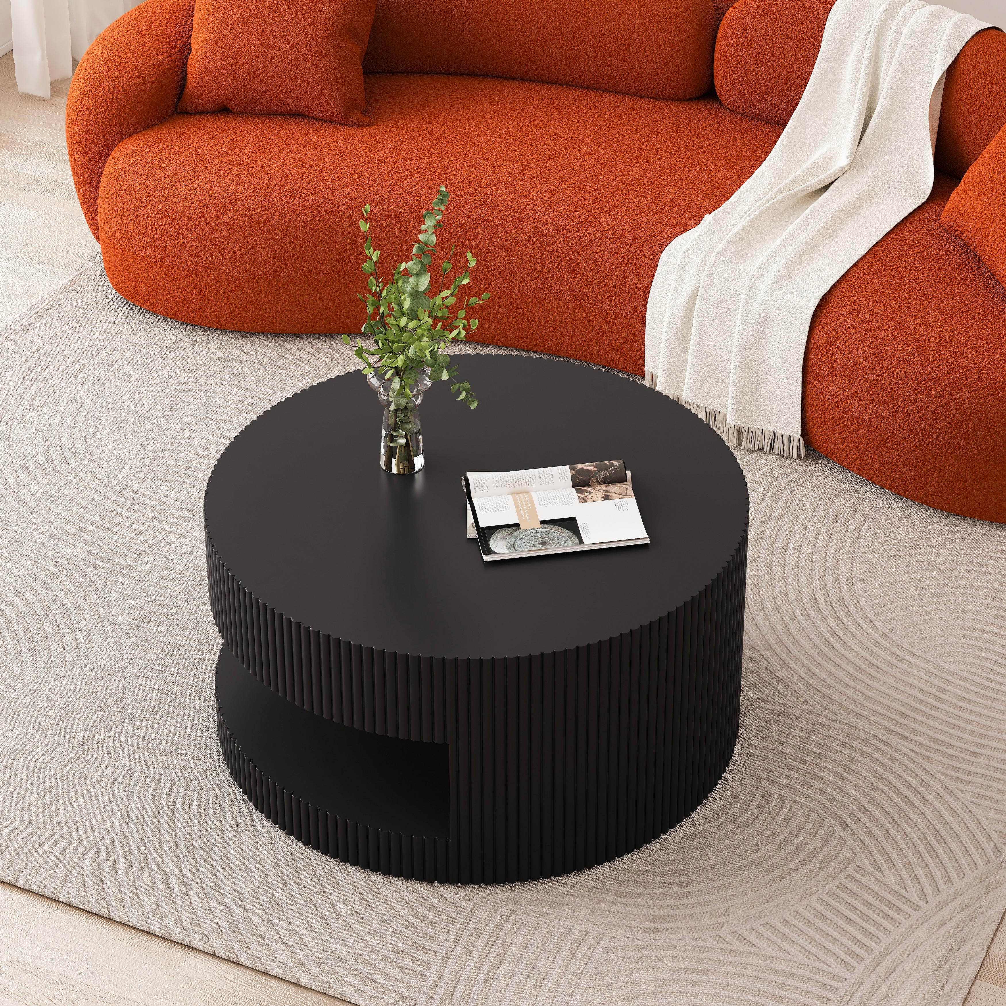 31.5'' Round Coffee Table,Modern Center Table with Storage,Vertical Stripe Design Coffee Table for Living Room,Bedroom
