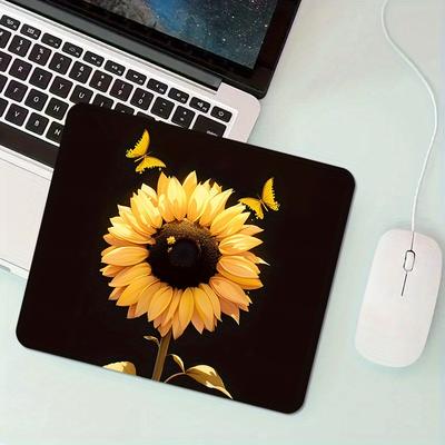 TEMU 1pc Sunflower Pattern Rubber Mouse Pad With Non-slip Base, Square Portable Computer Desk Mat For Office And Home Use