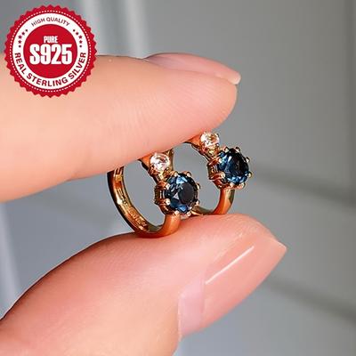 TEMU Pair Of Women's Fashion Ring Earrings Blue Synthetic Zirconia Ear Low Allergy 925 Silver 1.42g Suitable For Daily Gift