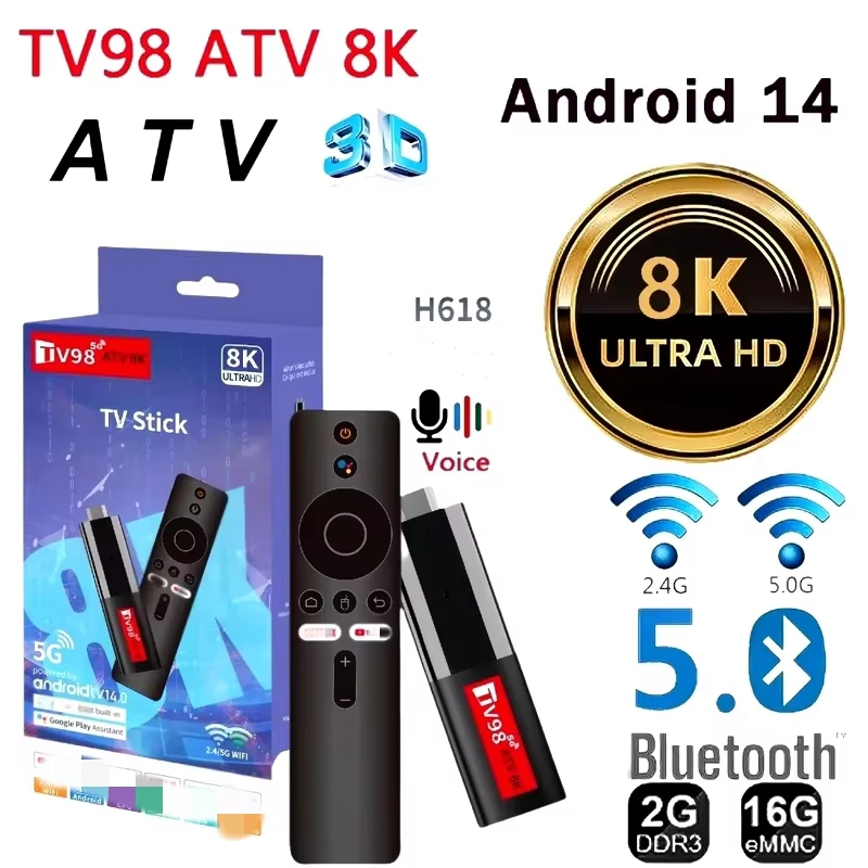 Mini TV Stick TV98 ATV Android 14 H618 2,4G 5G Wifi Unterstützung OTA 8K Media Player TV Receiver BT5.0 2GB 16GB Sprachfernbedienung TV Box Image