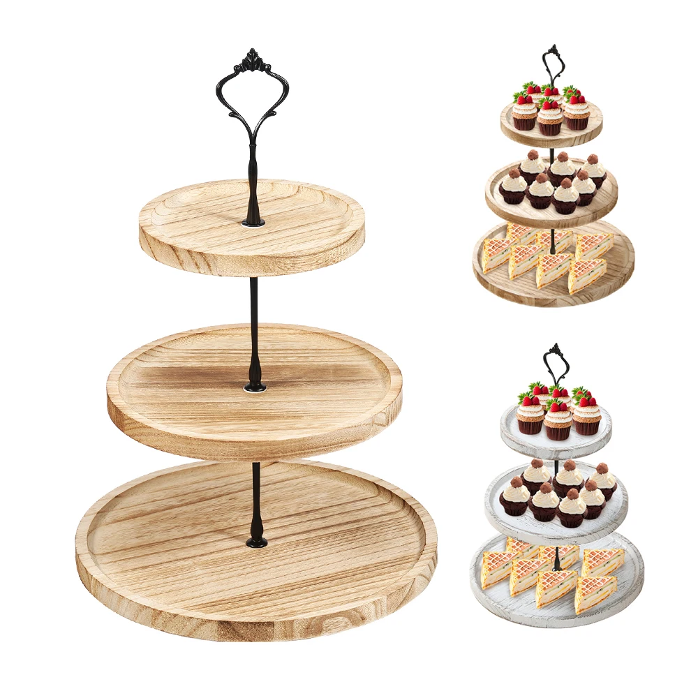 3-lagiges Kuchentablett aus Holz, Cupcake-Display für Ständer, Snacks, Desserts, Hochzeit, Party, Tisch, Geburtstag, rundes, abgestuftes Dessert-Serviertablett Image
