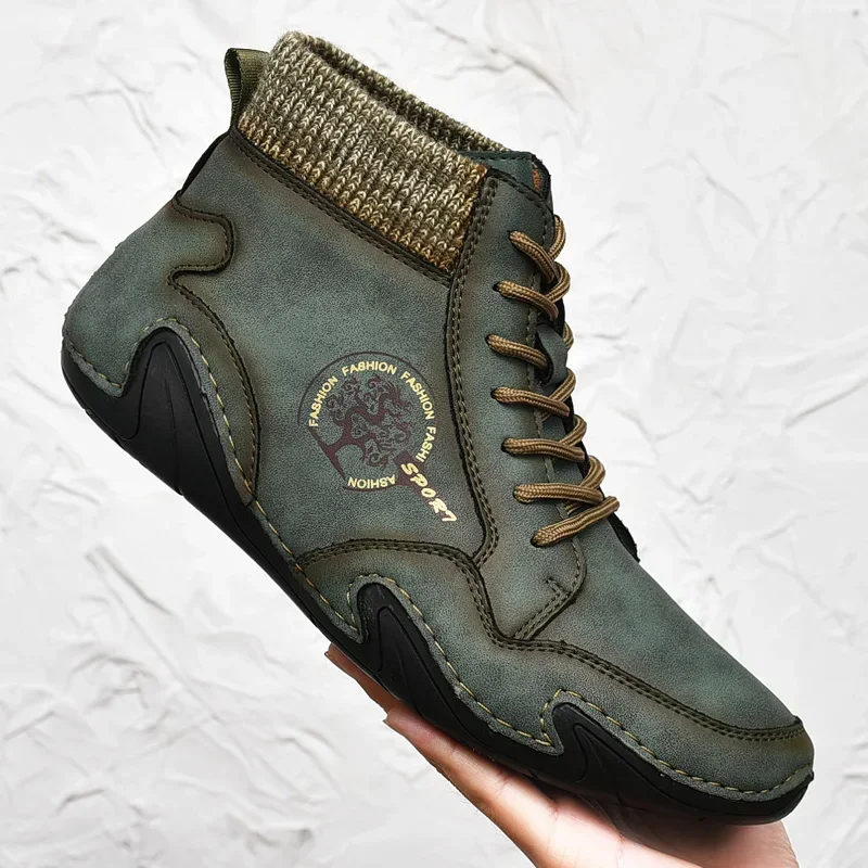 Winter Leder Männer Stiefel mit Fell Warme Schnee Stiefel Männer Komfort Casual Schuhe Turnschuhe High Top Western Stiefeletten Wasserdicht