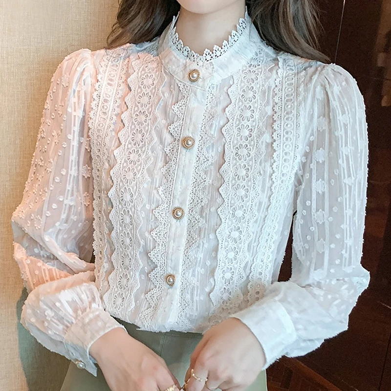 Herbst Frauen weiße Spitze Bluse Hemd Frauen Tops Langarm Bluse Frauen Blusas Mujer de Moda 2024 Blusen Femme Shirts E382