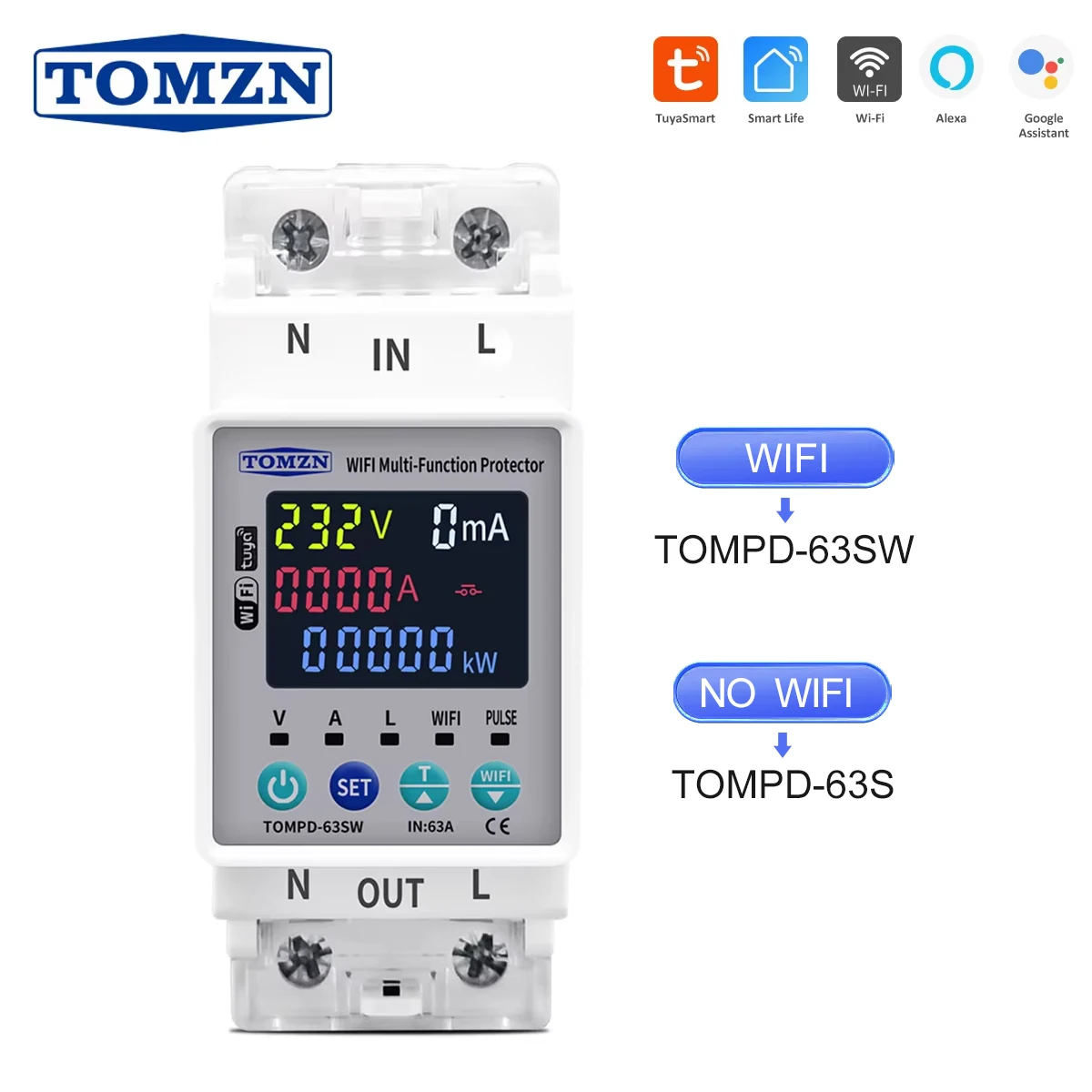 TOMZN 63A 110V 230V WLAN Smart Switch Smartlife kWh-Messung Leistungsschalter Timer mit Spannungs-, Strom- und Leckageschutz Image