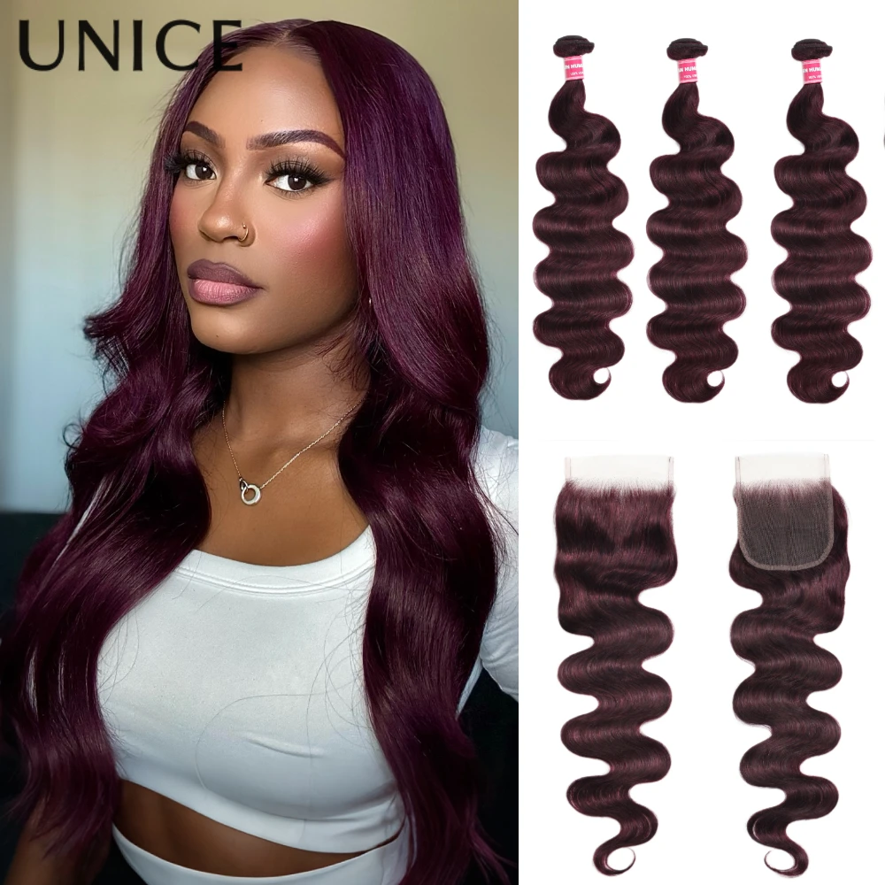 UNice Haar Schwarz Kirsche Körper Welle Menschliches Haar Bundles 2/3/4 PCS Mit 1PC Kostenloser Teil 4x4 Zoll Spitze Verschluss Image
