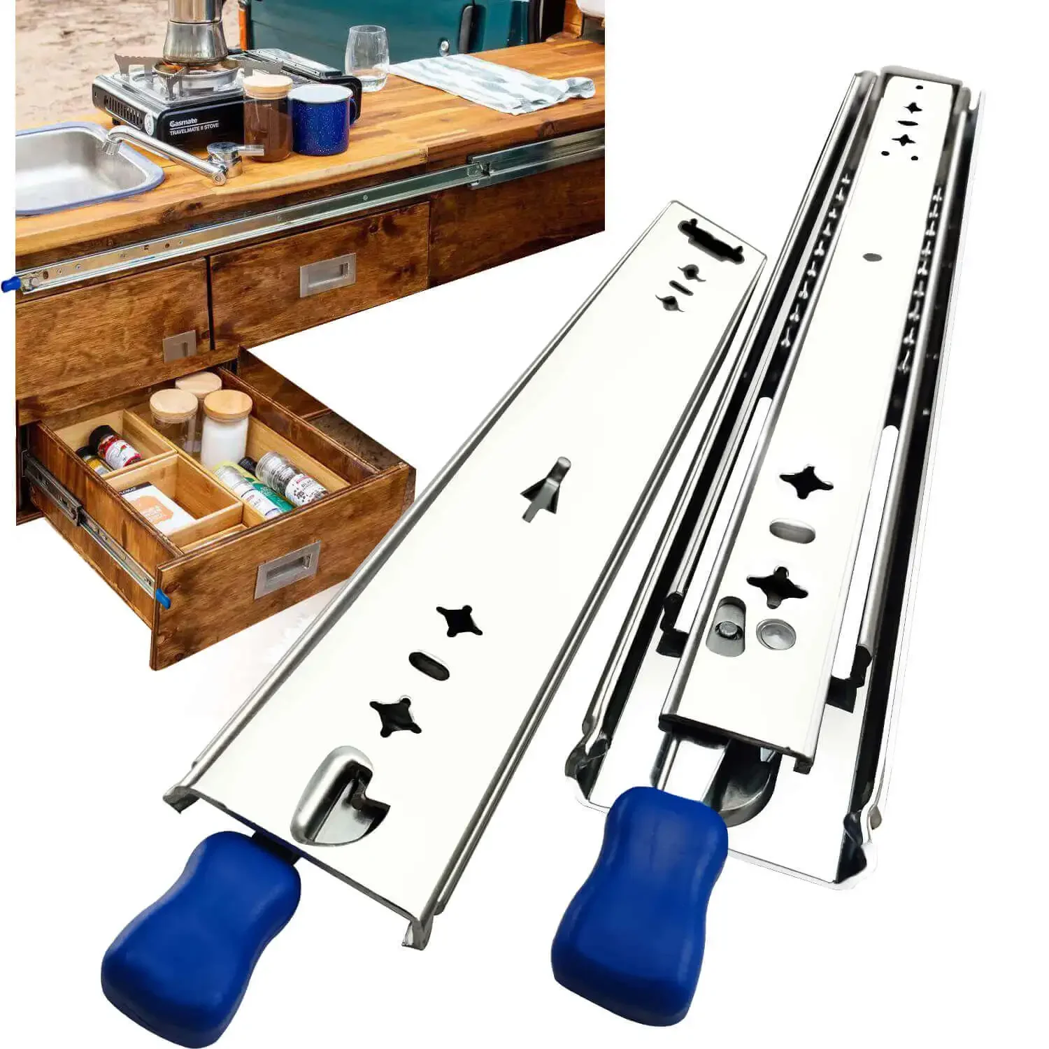 53 mm robuste Schubladenführung mit Lock-In und Lock-Out, 10-60 Zoll 3-fach gefaltete Führungsschiene, 256 Pfund Vollverlängerungskugellager Image