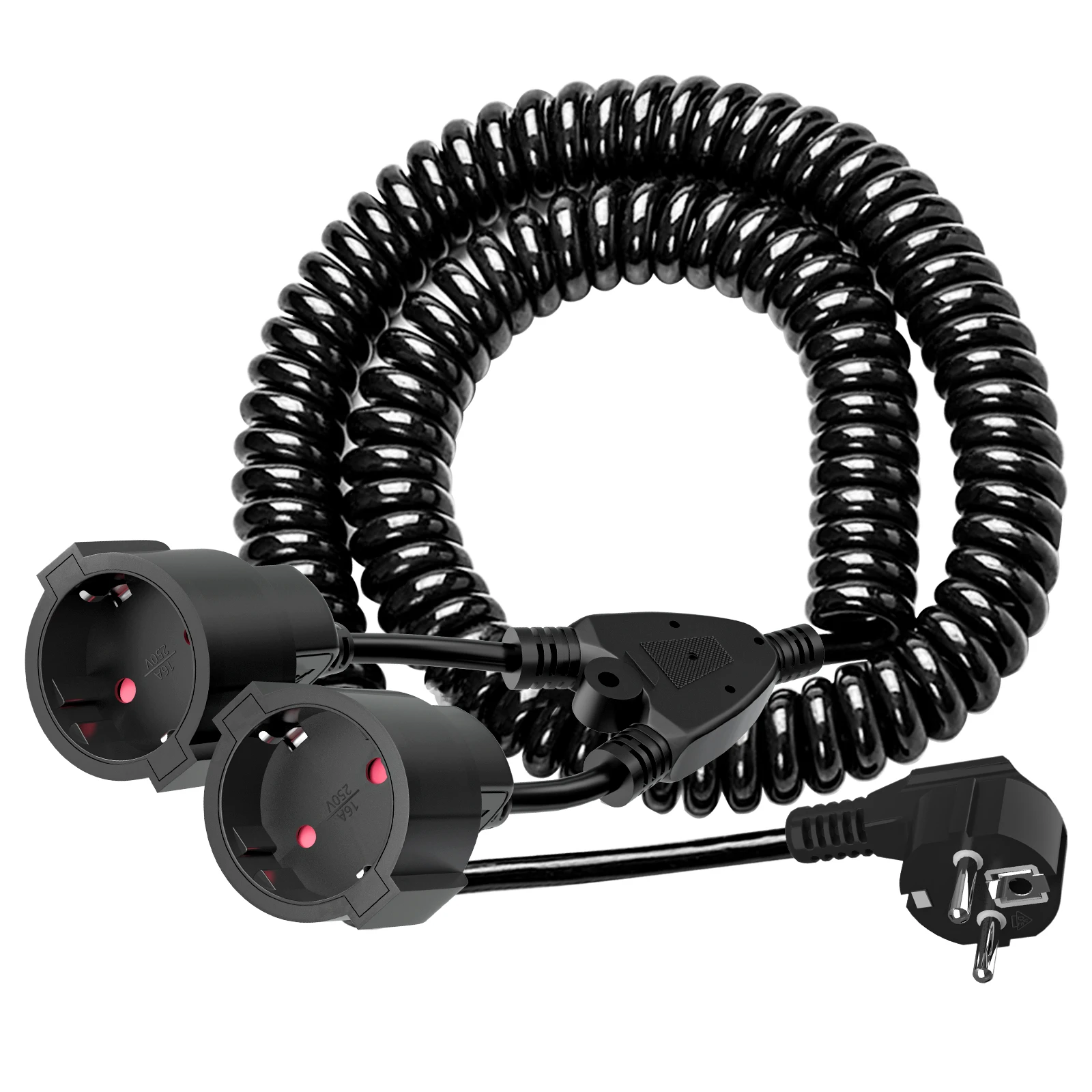 3/5/7/10 m Stromverlängerungskabel, Spiralkabel mit 2-Wege-Buchsen, doppelter Schuko-Stecker, 1 auf 2 schützendes Kontaktkabel, dehnbar Image