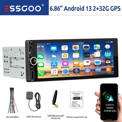 ESSGOO Single 1 DIN Autoradio-Kopfeinheit Radio Apple Carplay Android Auto Bluetooth USB Typ C GPS NAV WIFI RDS Mirror Link EQ
