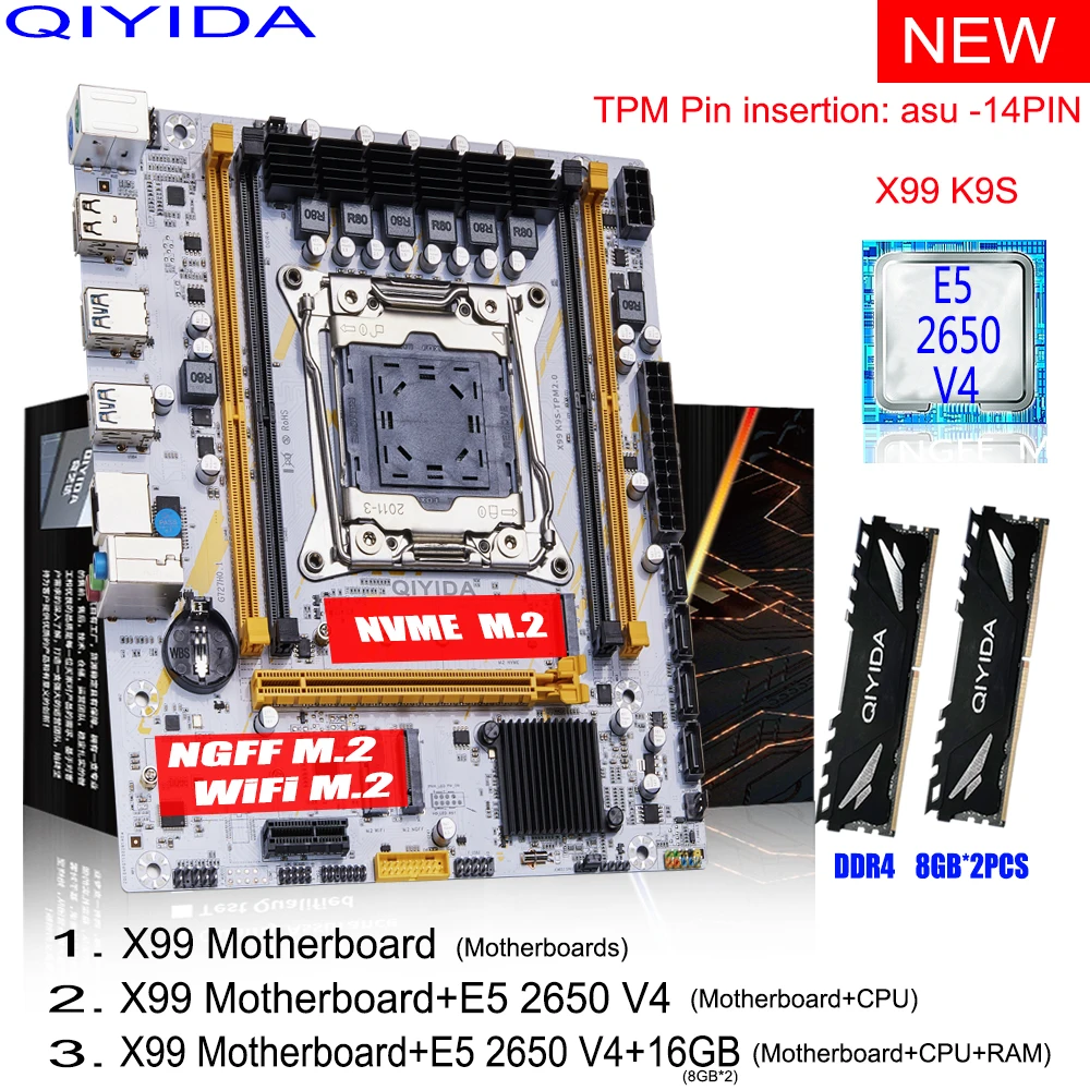 QIYIDA X99 Motherboard Set Combo Xeon E5 2650 V4 CPU LGA 2011-3 Prozessor 16 GB = 8 GB x 2 DDR4 RAM Speicher NVME M.2 NGFF X99C612 Chip Image