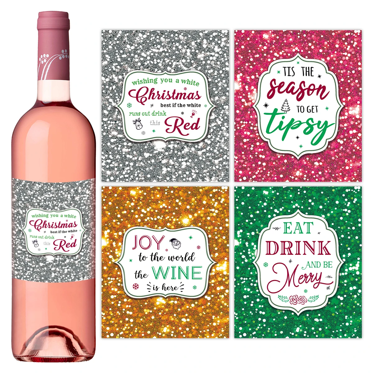 4 Stück Gold Silber Glitzer Weihnachten Wein Etikettenaufkleber, Rot Grün Glitzer Urlaub Weinflasche Aufkleber, Weihnachtsfeierzubehör Image