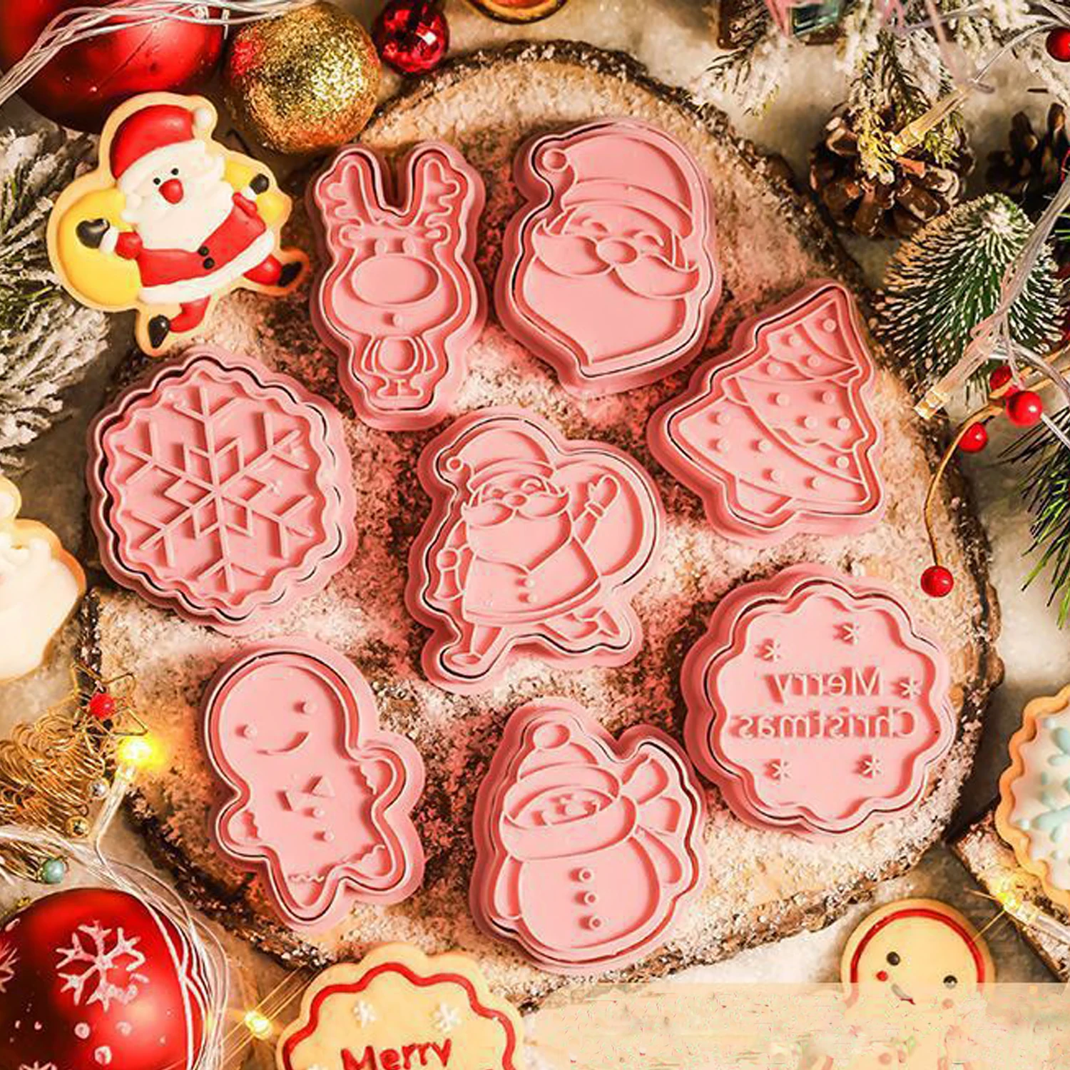 8 Stück/Set Weihnachtsplätzchenformen, 3D-Weihnachtsmann, Schneemann, Baum, Elch, Keksformen, Backwerkzeuge für die Küche Image