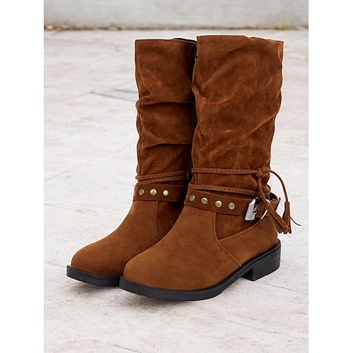 Damenstiefeletten aus Wildlederimitat mit halbhoher Schafthöhe, Nietenriemen und Quastendetails – lässiger Boho-Stil für Herbst und Winter Image