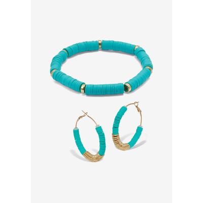 Women's Teal Disc Bead Goldtone Hoop Earrings And Stackable Stretch Bracelet Set by PalmBeach Jewelry in Teal