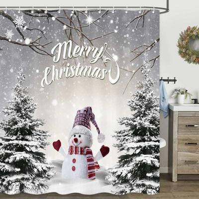 Snowman Shower Curtain - Grey Snowflake Forest Decor, 72x72 Inches