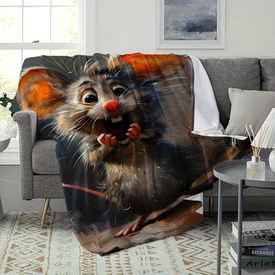 TEMU Style Animal Print Flannel Throw Blanket - Hypoallergenic Polyester Knitted Cute Cartoon Mouse Design, Tear-resistant Bedding For Couch, Travel, Nap - 1pc Image