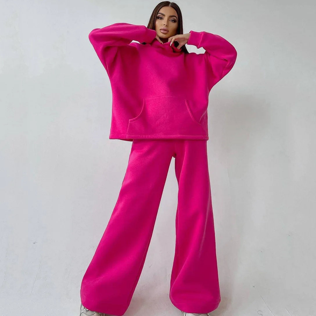 Completi da donna in due pezzi tinta unita Set da salotto Felpe con cappuccio Moda autunnale Streetwear Tute da ginnastica Pantaloni sportivi a gamba larga con tasche