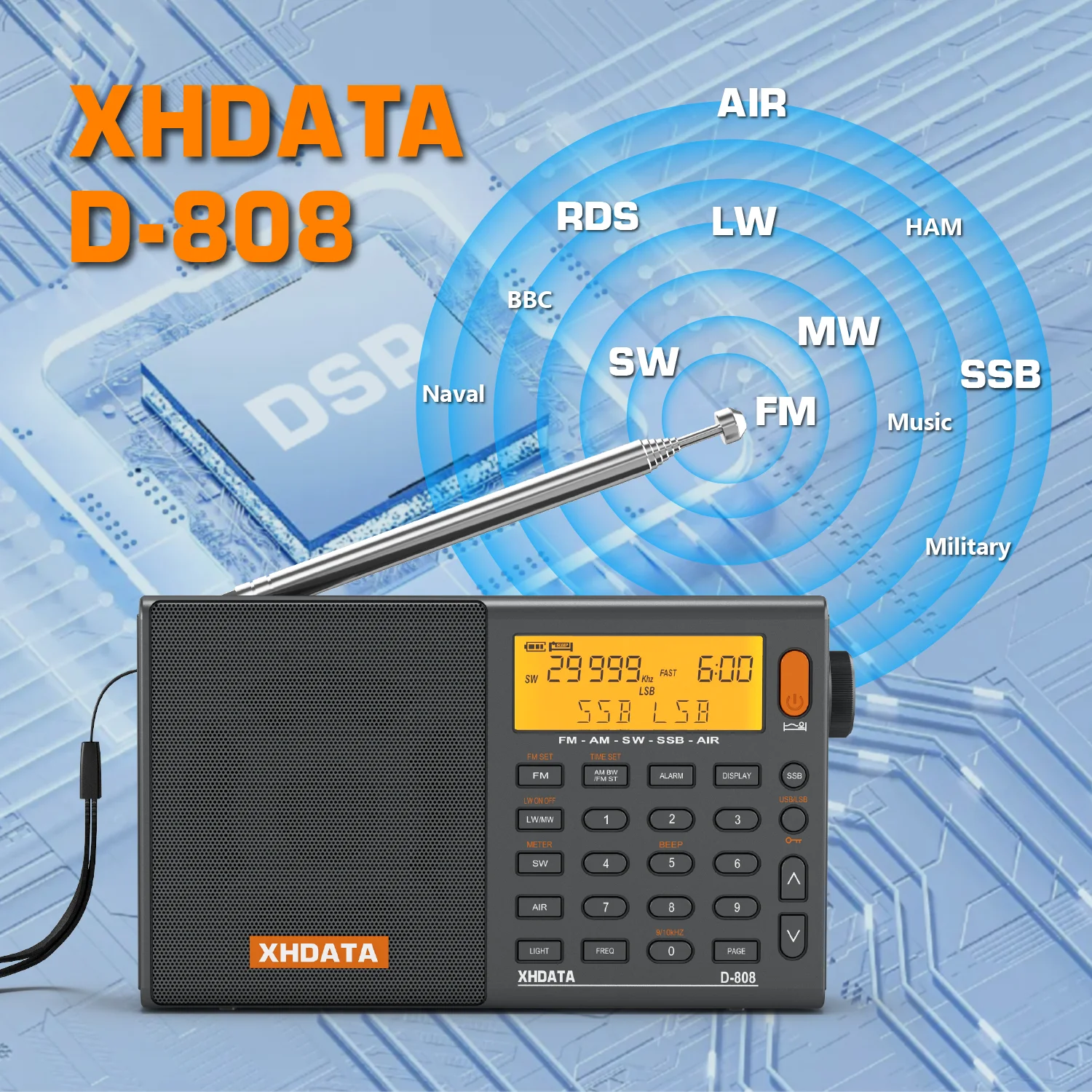 XHDATA D808 AM/FM/SW/MW SSB AIR RDS Radio portatile a banda intera con ricevitore radio ricaricabile stereo multifunzione a suono profondo