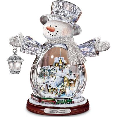 Thomas Kinkade Kristall-Schneemann-Figur mit beleuchtetem Dorf und animiertem Zug von The Bradford Image