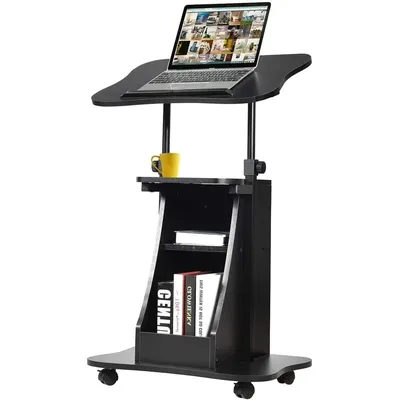 Mobile Laptop Desk, Height Adjustable Podium Stand, Laptop Desk with 4 Wheels and Tilting Table,