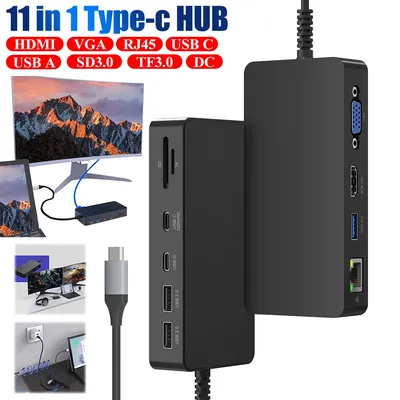 11 in 1 For Surface Dock SD/TF Card Reader W/ 3 USB +2 USB C Port PD 100W + 5Gbps Data 100Mb/s LAN