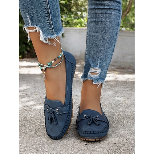 mocassini casual blu da donna – morbide ballerine in pelle scamosciata con fiocco e nappine, comode scarpe da guida per l'uso quotidiano