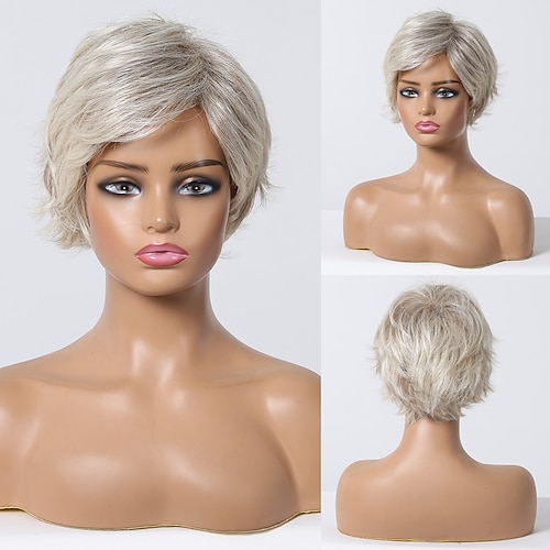 Miscela di capelli umani Parrucca Corto Liscio Diritto naturale Taglio medio corto Taglio corto spettinato Parte laterale Taglio scalato Biondo Cosplay Bigodino e piastra per capelli Attaccatura dei