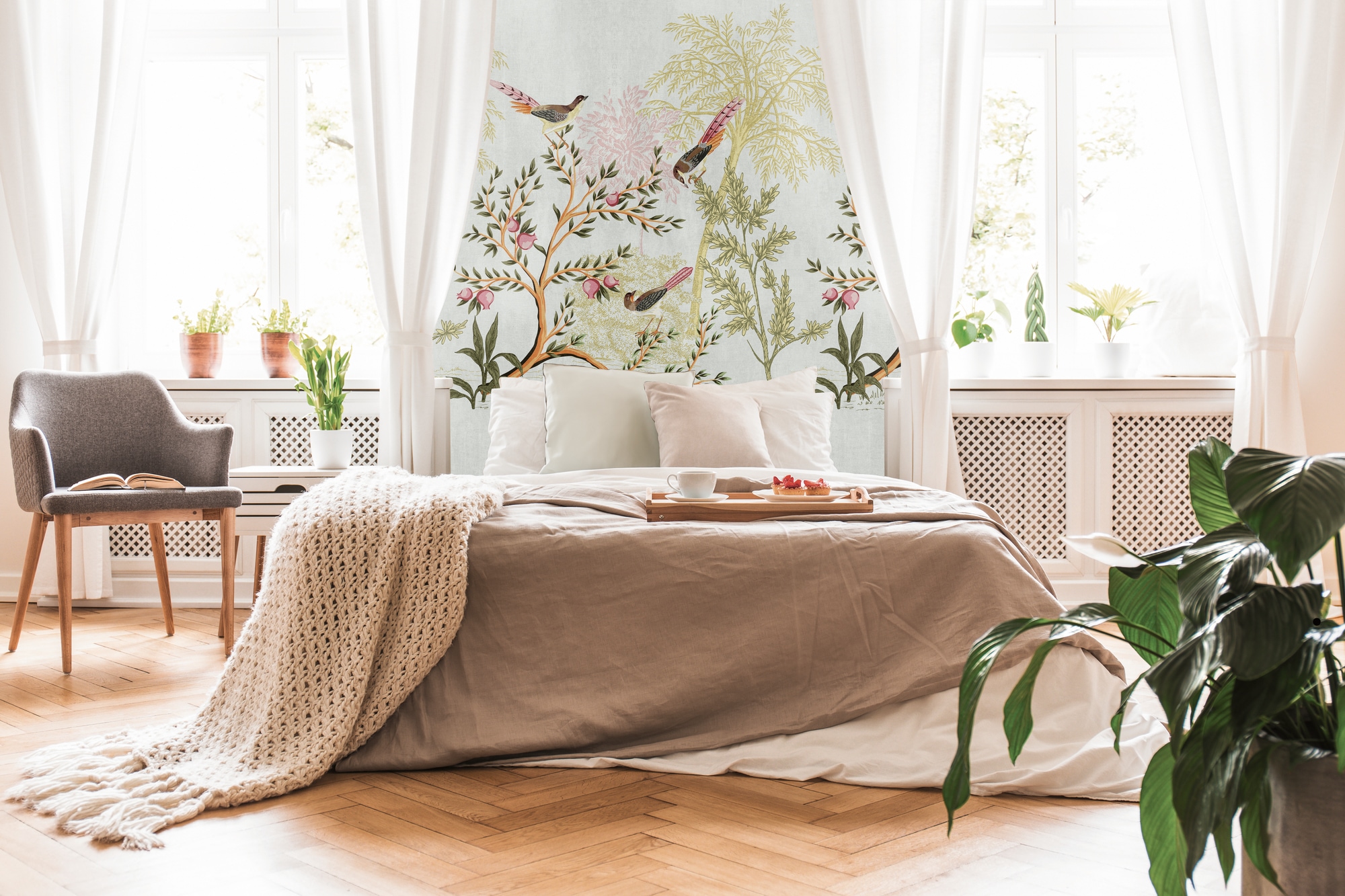 Fototapete LIVING WALLS "THE WALL III Vogel Tapete Motivtapete Tiere Vögel", bunt (bunt,grau,grün), B:2,8m H:0,02m L:1,59m, Vlies, Tapeten, Vliestapete floral für Schlafzimmer Küche Wohnzimmer Vogel Design Flur