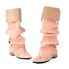 2025 Rote kniehohe Stiefel für Damen, goldfarben, mit Druckknopfverschluss, Perlenstiefel, rosa, süß, glänzend, Strass, silbrig, Winter-Damenschuhe