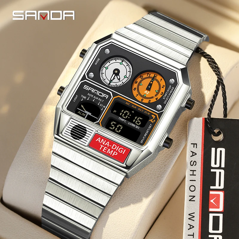 SANDA Luxus Mode Elektronische Quadratische Herren Jugend Casual Multi-funktion Thermometer Stoppuhr Chronograph Herren Uhr Heißer-verkauf Image