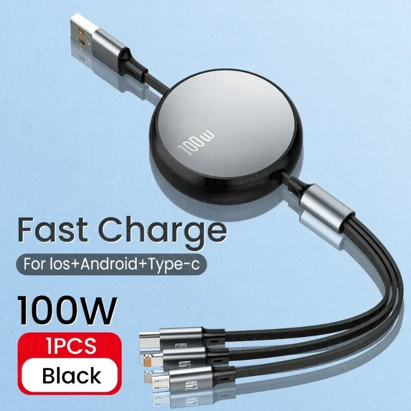 6A 100W 3 in 1 schnelles USB-Kabel für Huawei/Honor, einziehbares, tragbares 3-in-1-Micro-USB-Typ-C-Ladekabel für iPhone Samsung Image