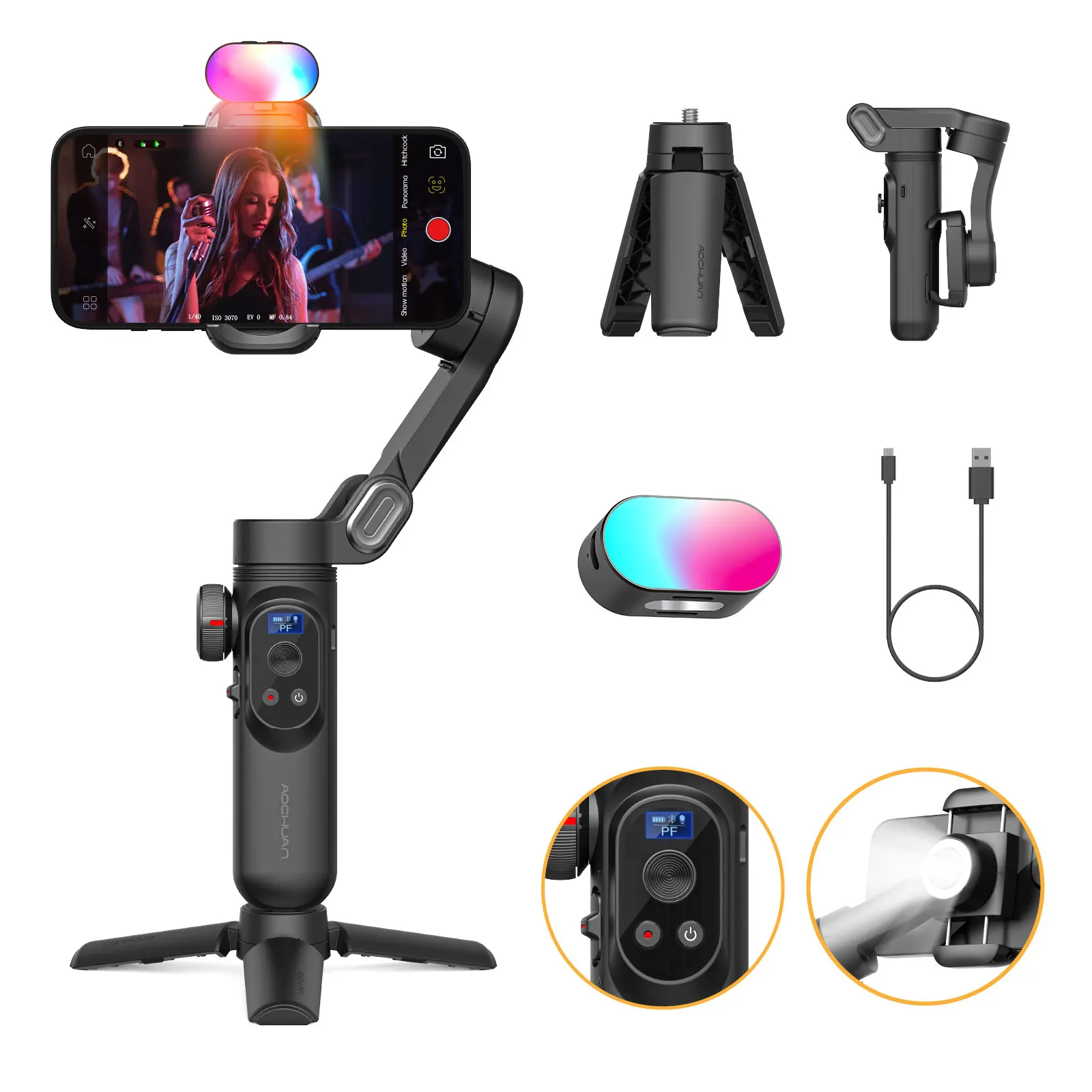 AOCHUAN Smart XPro Kit Smartphone 3-Achsen-Gimbal-Stabilisator für iPhone und Android Smartphone-Aufnahme mit RGB-Fülllicht Gimbal