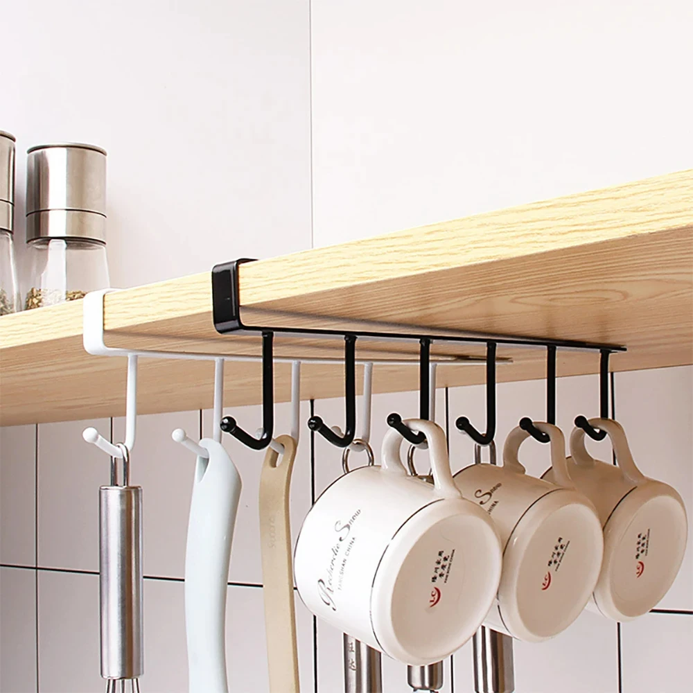 Multifunktionaler 6-Haken-Kaffeetassen-Becherhalter, schwarz-weiße Haken, Regal, multifunktionaler Küchenschrank, Kleinigkeiten, Organizer, Aufbewahrung