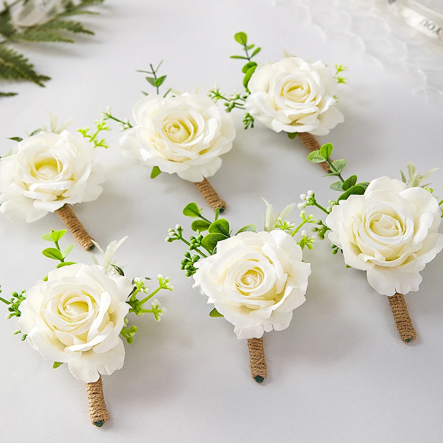 6pcs weiße ros Elfenbein Männer Bouton niere für Hochzeits blumen Zubehör Abschluss ball Anzug Dekorationen Abschluss ball Blume Handgelenk Corsage Armbänder Image