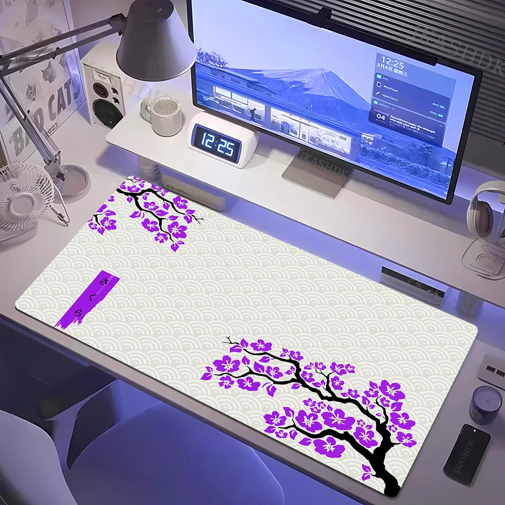 Große Gaming-Mauspads, Sakura-Mauspad, Computer-Mauspad, 90 x 40, lila und weiß, Mauspad, Schreibtischunterlage, PC-Tastaturmatten, Tischmatte Image