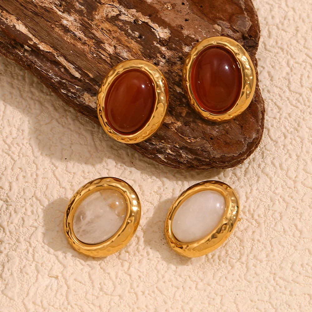 E.B.belle Vintage Oval Naturstein Achat gehämmerte Textur vergoldet Ohrringe Edelstahl Damen Schmuck Geschenk Frauen