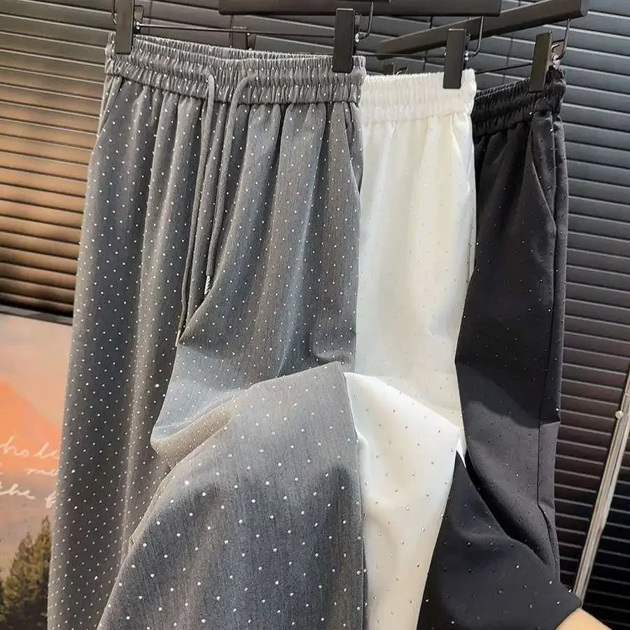 Sommer Neue Frauen Diamant Hosen Gerade Hohe Taille Casual Kordelzug Elastische Taille Pantalones Perlen Schwarz Gerade Hosen Image