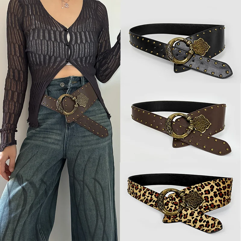 Western Cowboy Cowgirl Korsett Gürtel für Frauen Punk Gothic dekorative Leopard Wild Bund Weibliche Frauen Retro Nieten breiten Gürtel Image