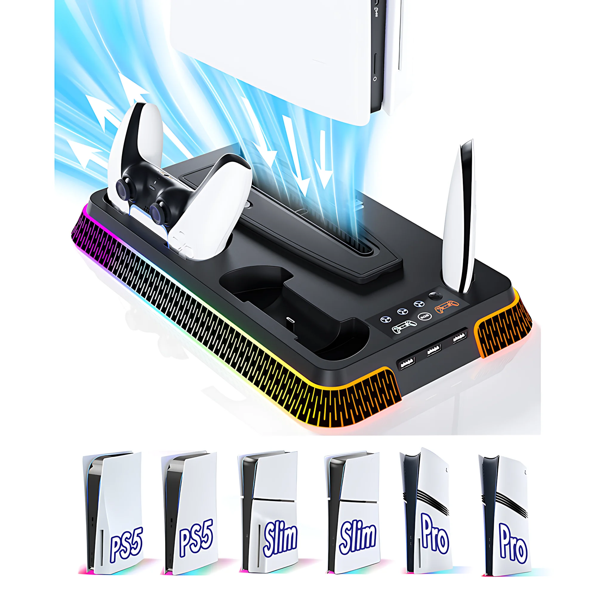 Kühlstation für PS5/PS5 Slim/PS5 Pro, YH66S Vertikaler RGB PS5-Kühlständer mit Controller-Ladestation, Headset-Haken, USB Image