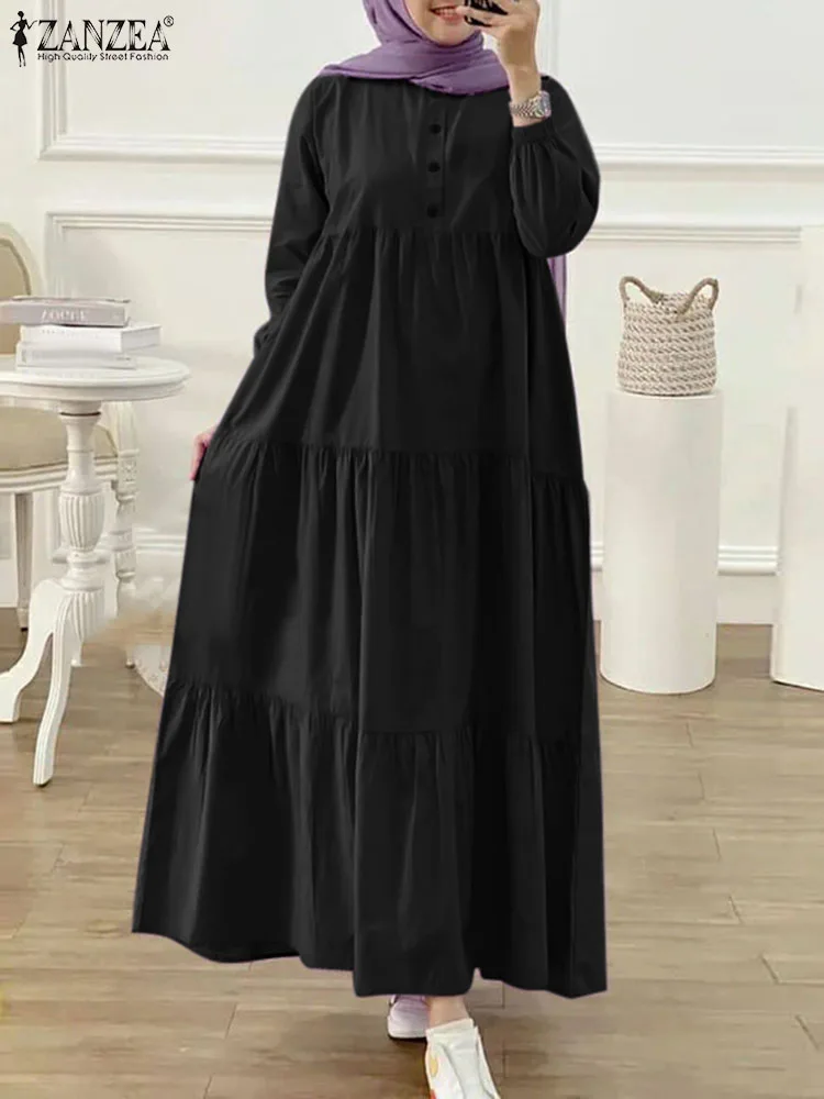 Zanzea Mode Frauen Langarm feste Rüschen Sommerkleid islamische Kleidung Herbst muslimische Abaya langes Kleid Robe Femme Eid Mubarek Image